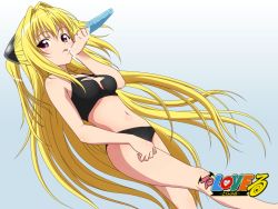 Rule 34 | 00s, 1girl, barefoot, bikini, black bikini, blonde hair, breasts, cleavage, cleavage cutout, clothing cutout, food, grey background, holding, konjiki no yami, licking, licking hand, long hair, medium breasts, navel, non-web source, popsicle, purple eyes, red eyes, swimsuit, to love-ru, tongue, tongue out, twintails, two side up, wallpaper