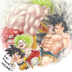 Rule 34 | 2boys, abs, bara, blush, broly (dragon ball z), chibi, chibi inset, cropped legs, crotch grab, dougi, dragon ball, dragonball z, drooling, eye contact, fleeing, green hair, looking at another, loving aura, male focus, multiple boys, muscular, muscular male, navel, nipples, no pupils, pectorals, short hair, sideburns, size difference, son goku, spiked hair, stomach, sweat, tearing up, topless male, translation request, yaoi, yukashita
