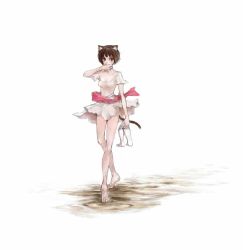 Rule 34 | 1girl, animal ears, ballerina, barefoot, brown eyes, brown hair, cat ears, cat tail, es, es (cah60700), feet, high heels, holding, holding shoes, original, shoes, short hair, solo, tail, walking, white background