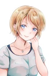 Rule 34 | 1girl, alternate hairstyle, ayase eli, blue eyes, brown hair, collarbone, cosplay, highres, hoshizora rin, hoshizora rin (cosplay), jewelry, lilylion26, love live!, love live! school idol project, necklace, short hair, smile, solo, sonoda umi