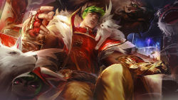 Rule 34 | 1boy, 2girls, absurdres, animal, chinese clothes, closed mouth, dragon, fingerless gloves, firecracker sett, fur trim, gloves, green hair, hand up, highres, hood, hood up, league of legends, looking at viewer, multiple girls, on shoulder, orange pants, pants, red gloves, scar, scar on face, sett (league of legends), short hair, sitting, solo focus, vex (league of legends), wutu (1183238220), xayah, yordle