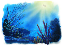 Rule 34 | blue theme, boat, border, coral, day, fish, original, outdoors, rock, sawitou mizuki, scenery, signature, silhouette, traditional media, underwater, watercraft, white border