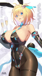 Rule 34 | 1girl, :d, ahoge, animal ears, aqua eyes, aqua necktie, bare shoulders, between breasts, black gloves, black leotard, blonde hair, breasts, brown pantyhose, character name, commentary, cowboy shot, cup, detached collar, drinking glass, elbow gloves, english text, fake animal ears, fake tail, gloves, glowing, hair between eyes, hair intakes, hair ornament, highleg, highleg leotard, highres, holding, holding tray, large breasts, leotard, logo, looking at viewer, mecha musume, necktie, necktie between breasts, open mouth, original, pantyhose, playboy bunny, rabbit ears, rabbit tail, shiny skin, short hair, sidelocks, smile, solo, sophia f shirring, standing, strapless, strapless leotard, symbol-only commentary, tail, takamine nadare, thigh strap, tray, white background, wine glass, wing collar, zipper pull tab