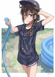 Rule 34 | 1girl, alternate costume, black hat, blue eyes, blush, braid, breasts, brown hair, closed mouth, commentary request, grass, hair between eyes, hair flaps, hair ornament, hair ribbon, hat, highres, holding, holding hose, hose, kantai collection, long hair, ribbon, shigure (kancolle), shigure kai ni (kancolle), shirt, short shorts, short sleeves, shorts, single braid, small breasts, solo, sugue tettou, t-shirt, twitter username, wading pool, water, wet, wet clothes, white shorts