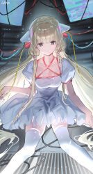 Rule 34 | 1girl, absurdres, breasts, brown hair, cable, chii, chobits, clamp (circle) (style), closed mouth, collarbone, commentary request, dress, feet out of frame, grey eyes, haruri, highres, long hair, looking at viewer, medium breasts, puffy short sleeves, puffy sleeves, short sleeves, sitting, skindentation, solo, thighhighs, very long hair, white dress, white thighhighs