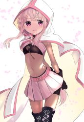 Rule 34 | 1girl, arms behind back, bag, belt, belt buckle, bike shorts, black gloves, black shorts, blush, bodysuit, buckle, cape, covered navel, flat chest, gloves, highres, hood, hood up, hooded, long hair, looking at viewer, magia record: mahou shoujo madoka magica gaiden, mahou shoujo madoka magica, micartoon yasu, miniskirt, open mouth, pink belt, pink eyes, pink hair, pink skirt, pleated skirt, ponytail, short shorts, shorts, shorts under skirt, skirt, solo, standing, tamaki iroha, very long hair, white cape