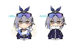 Rule 34 | 1girl, blue bow, blush, bow, brown eyes, chibi, closed mouth, fur-trimmed jacket, fur trim, goggles, goggles on head, grey hair, hair bow, high ponytail, highres, honkai: star rail, honkai (series), jacket, long sleeves, looking at viewer, multiple views, natsuki (2917), open clothes, open jacket, shirt, silver wolf (honkai: star rail), simple background, sparkle, sweat, upper body, white background, white shirt