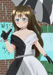 Rule 34 | 1girl, aqua eyes, artist name, artist request, back bow, bare shoulders, belt, black dress, black gloves, black skirt, blue eyes, blush, bow, bow hairband, breasts, brooch, brown hair, buttons, choker, collarbone, dated, diamond (gemstone), dress, drop earrings, earrings, evening gown, female focus, gloves, grey belt, grey bow, grey skirt, hair between eyes, hair bow, hairband, half updo, high ponytail, highres, holding, holding umbrella, jewelry, lace, lace gloves, long hair, looking at viewer, love live!, love live! nijigasaki high school idol club, love live! school idol festival, miniskirt, multicolored clothes, multicolored dress, off-shoulder dress, off shoulder, osaka shizuku, outdoors, parted lips, plaid, plaid dress, plaid skirt, pleated, pleated dress, pleated skirt, ponytail, skirt, sleeveless, sleeveless dress, small breasts, smile, solitude rain (love live!), solo, two-tone dress, two-tone umbrella, umbrella, white bow, white choker, white dress, white skirt