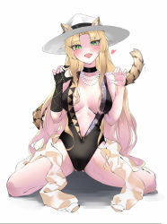 Rule 34 | 1girl, absurdres, animal ears, arknights, black choker, black one-piece swimsuit, blonde hair, blush, breasts, center opening, choker, claw pose, ears through headwear, fang, fingerless gloves, gloves, green eyes, hat, heart, highres, jewelry, kneeling, large breasts, necklace, official alternate costume, one-piece swimsuit, open mouth, pareorepa, pearl necklace, sideboob, single glove, skin fang, solo, sun hat, swimsuit, swire (arknights), tail, tiger ears, tiger girl, tiger tail, white hat