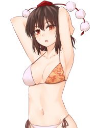 Rule 34 | 1girl, armpits, arms behind head, arms up, bare arms, bare shoulders, bikini, black hair, blush, breasts, collarbone, commentary, groin, hair between eyes, hat, leaf print, looking at viewer, medium breasts, miyo (ranthath), navel, open mouth, pom pom (clothes), red eyes, shameimaru aya, short hair, side-tie bikini bottom, simple background, solo, stomach, sweat, swimsuit, symbol-only commentary, tassel, tokin hat, touhou, upper body, white background, white bikini