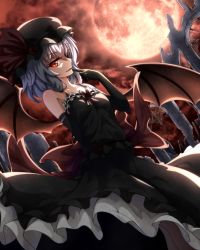 Rule 34 | 1girl, absurdres, bat wings, black gloves, black hat, black skirt, blue hair, bow, broken, cloud, collarbone, colored skin, cross, dutch angle, eyebrows, fang, finger to mouth, frills, gloves, hair between eyes, hat, highres, index finger raised, lace, lace-trimmed gloves, lace trim, mob cap, moon, night, night sky, outdoors, red bow, red eyes, red moon, red ribbon, red skin, remilia scarlet, ribbon, short hair, skirt, skirt set, sky, skyneko, sleeveless, solo, touhou, wings