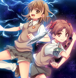 2girls armband brown_eyes brown_hair chiyu_(silverxxxx) coin kneehighs long_hair misaka_mikoto multiple_girls nail_(hardware) school_uniform serafuku shirai_kuroko short_hair shorts socks sweater_vest toaru_kagaku_no_railgun toaru_majutsu_no_index twintails v-neck