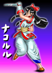 Rule 34 | 1girl, ainu clothes, arm up, black hair, breasts, brown eyes, clenched hand, clenched hands, feet, fighting stance, fingerless gloves, gloves, hair ribbon, highres, leg up, legs, long hair, looking at viewer, nakoruru, pants, ribbon, samurai spirits, serious, shoes, small breasts, snk, solo, the king of fighters, thighs, weapon