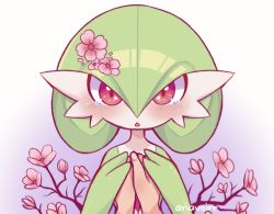 Rule 34 | 1girl, artist name, bellavoirr, blush, bob cut, cherry blossoms, colored skin, creatures (company), female focus, flat chest, flower, game freak, gardevoir, gen 3 pokemon, gradient background, green hair, green skin, hair between eyes, hair flower, hair ornament, hands up, holding hands, looking at viewer, multicolored skin, nintendo, open mouth, own hands together, pink flower, pokemon, pokemon (creature), pov, purple background, red eyes, sad, short hair, signature, solo focus, straight-on, tears, tree, two-tone skin, upper body, white skin
