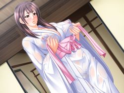 Rule 34 | 1girl, blush, breasts, brown eyes, brown hair, censored, game cg, groin, indoors, japanese clothes, kimono, large breasts, lips, long hair, mature female, nipples, no bra, no panties, obi, pussy, sash, see-through, solo, standing, wet, wet clothes