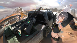 Rule 34 | 2girls, ;), absurdres, armpits, arms up, black gloves, black horns, black shirt, black vest, blue sky, bottle, breasts, bright pupils, building, character request, cleavage, clenched hand, clothing cutout, cloud, covered navel, cowboy shot, crosscore, day, desert, detached sleeves, fingerless gloves, fisheye, gloves, grey hair, hand on own elbow, hand on own hip, highres, holding, holding bottle, hood, hooded vest, hoodie, horns, impossible clothes, impossible shirt, jacket, kexue, large breasts, lens flare, motor vehicle, multiple girls, navel, official art, one eye closed, open clothes, open jacket, outdoors, pickup truck, profile, purple eyes, ruins, shirt, short shorts, shorts, side cutout, sky, sleeves past elbows, smile, stomach, truck, vest, water bottle, white pupils, wide shot, wreckage, yellow jacket