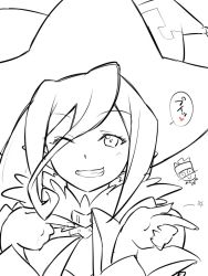 Rule 34 | 1girl, hair between eyes, hat, kiikii (kitsukedokoro), long hair, looking at viewer, magilou (tales), monochrome, pointy ears, simple background, smile, solo, tales of (series), tales of berseria, white background, witch hat