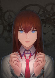Rule 34 | 1girl, bad id, bad pixiv id, blue eyes, brown hair, chinese commentary, clock, closed mouth, collared shirt, commentary request, cuffs, fateline alpha, gears, handcuffs, hands up, highres, long hair, looking at viewer, makise kurisu, necktie, red necktie, shirt, solo, steins;gate, white shirt, wing collar