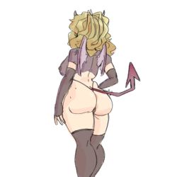 Rule 34 | 1girl, ass, blonde hair, breasts, demon costume, demon girl, demon horns, demon tail, demon wings, horns, huge ass, large breasts, lying, mature female, mole, mole on ass, mole on body, on back, original, see-through, sketch, skirt, tail, thick thighs, thighhighs, thighs, w bert0, white background, wings