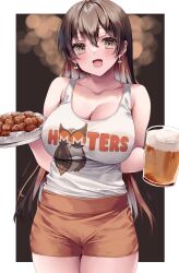Rule 34 | 1girl, absurdres, alcohol, bare shoulders, beer, beer mug, breasts, brown eyes, brown hair, cleavage, cup, drink, earrings, food, highres, hime gyo, holding, holding food, hooters, jewelry, large breasts, long hair, looking at viewer, monero-chan, mug, open mouth, original, plate, second-party source, smile, solo, tray, waitress