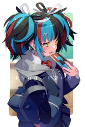 Rule 34 | 1girl, bag, black hair, black jacket, black skirt, blue hair, blush, breasts, cellphone, echo (circa), fate/grand order, fate (series), grey sweater, hood, hooded sweater, jacket, large breasts, long hair, long sleeves, multicolored hair, open mouth, phone, red hair, sei shounagon (fate), shoulder bag, skirt, smile, solo, sweater, translation request, twintails, yellow eyes