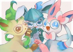 Rule 34 | :d, aqua-framed eyewear, bespectacled, blue eyes, brown eyes, commentary request, creatures (company), game freak, gen 4 pokemon, gen 6 pokemon, glaceon, glasses, highres, kikuyoshi (tracco), leafeon, nintendo, no humans, open mouth, pink-framed eyewear, pokemon, pokemon (creature), smile, sylveon, tongue, tongue out, translation request