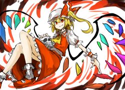 Rule 34 | 1girl, bad id, bad pixiv id, blonde hair, bow, flandre scarlet, hat, hat bow, kankan33333, mob cap, red eyes, side ponytail, skull, solo, touhou, wings, wrist cuffs