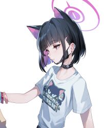 Rule 34 | 1girl, animal ears, black choker, black hair, blue archive, bracelet, cat ears, choker, closed mouth, colored inner hair, earclip, extra ears, halo, highres, jewelry, kazusa (band) (blue archive), kazusa (blue archive), mask, mask pull, mouth mask, multicolored hair, purple hair, red eyes, reeh (yukuri130), shirt, short sleeves, simple background, solo, upper body, white background, white shirt