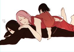 Rule 34 | !, !!, 1boy, 2girls, absurdres, baby, barefoot, black eyes, black hair, black pants, black shirt, boruto: naruto next generations, closed eyes, dress, family, haruno sakura, heart, hetero, highres, husband and wife, kneepits, long sleeves, lying, motion lines, multiple girls, naruto (series), niku (ni23ku), on stomach, pants, pink hair, red dress, shirt, short hair, simple background, sleeveless, sleeveless dress, smile, soles, toes, uchiha sarada, uchiha sasuke, white background