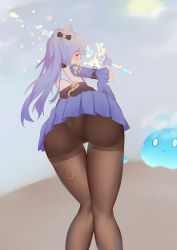 Rule 34 | 1girl, absurdres, artist request, ass, bare shoulders, blush, cameltoe, dress, from behind, from below, genshin impact, gloves, highres, keqing (genshin impact), long hair, looking at viewer, looking back, looking down, panties, panties under pantyhose, pantyhose, purple hair, red eyes, short dress, skirt, slime (creature), slime (genshin impact), smile, solo, twintails, underwear, upskirt, weapon, white panties