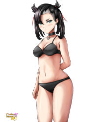 Rule 34 | 1girl, aged up, artist name, asymmetrical bangs, asymmetrical hair, bare shoulders, black bra, black choker, black hair, black panties, blush, bra, breasts, choker, cleavage, collarbone, creatures (company), feet out of frame, game freak, gen 8 pokemon, green eyes, highres, legs, looking at viewer, marnie (pokemon), medium breasts, midriff, navel, nintendo, panties, pokemon, pokemon swsh, serious, solo, standing, thighs, twintails, undercut, underwear, underwear only, volibergo, white background