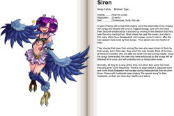 Rule 34 | 1girl, belt, blush, breasts, character profile, choker, collar, english text, fang, feathered wings, feathers, green eyes, hair ornament, hard-translated, harpy, heart, kenkou cross, midriff, miniskirt, monster girl, monster girl encyclopedia, navel, official art, one eye closed, open clothes, open mouth, open vest, petite, pointy ears, purple hair, ribbon, short hair, siren (monster girl encyclopedia), skirt, small breasts, smile, solo, star (symbol), talons, tattoo, text focus, third-party edit, translated, vest, winged arms, wings, wink
