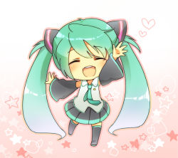 Rule 34 | 1girl, :d, aqua hair, arm up, blush, boots, chibi, closed eyes, detached sleeves, female focus, full body, gradient background, gradient hair, hair ornament, hatsune miku, heart, long hair, multicolored hair, necktie, open mouth, outline, outstretched arm, pleated skirt, shirt, skirt, sleeveless, sleeveless shirt, smile, solo, standing, standing on one leg, star (symbol), teeth, thigh boots, thighhighs, twintails, very long hair, vocaloid, waving, white background, yuh, zettai ryouiki