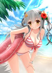 Rule 34 | 1girl, absurdres, beach, bikini, black ribbon, blue sky, blush, bracelet, breasts, cleavage, closed mouth, cloud, collarbone, commentary request, cowboy shot, day, flower, front-tie bikini top, front-tie top, hair between eyes, hair flower, hair ornament, hair ribbon, halterneck, hand on leg, hand on own hip, hand on own thigh, heart, highres, holding, holding swim ring, innertube, jewelry, kanopan, large breasts, leaning forward, legs apart, long hair, moe2018, nail polish, ocean, original, outdoors, palm tree, pink nails, ribbon, silver hair, sky, smile, solo, standing, striped bikini, striped clothes, sunlight, swim ring, swimsuit, transparent, tree, two side up, water, yellow eyes