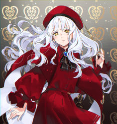 Rule 34 | 1girl, capelet, caren hortensia, caren hortensia (amor caren), caren hortensia (amor caren) (second ascension), closed mouth, dress shirt, fate/grand order, fate (series), floating hair, hat, highres, long hair, long sleeves, looking at viewer, medium skirt, pleated skirt, recurrence, red capelet, red hat, red shirt, red skirt, red sleeves, shirt, silver hair, skirt, solo, standing, very long hair, yellow eyes