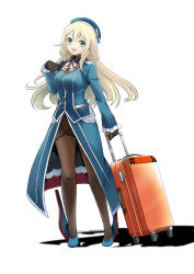 Rule 34 | 10s, 1girl, aqua eyes, atago (kancolle), beret, black gloves, blonde hair, breasts, coat, full body, gloves, hat, high heels, highres, kantai collection, large breasts, long hair, military, military uniform, open mouth, pantyhose, primary stage, rolling suitcase, shadow, smile, solo, suitcase, uniform