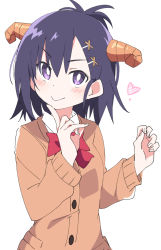 Rule 34 | 1girl, blush, bow, bowtie, cardigan, closed mouth, demon girl, demon horns, gabriel dropout, hair ornament, hands up, horns, index finger raised, ixy, looking at viewer, purple eyes, red bow, red bowtie, school uniform, short hair, simple background, smile, solo, vignette tsukinose april, white background, x hair ornament