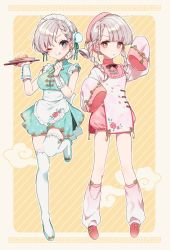 Rule 34 | 2girls, apron, banirou, bloomers, blue eyes, blunt bangs, braid, braided bangs, breasts, brown eyes, china dress, chinese clothes, commentary request, double bun, dress, food, fried rice, full body, green dress, grey hair, hair bun, hair ribbon, hat, high heels, highres, hisakawa hayate, hisakawa nagi, idolmaster, idolmaster cinderella girls, idolmaster cinderella girls starlight stage, ladle, large breasts, licking lips, long hair, looking at viewer, loose socks, low twintails, maid headdress, multiple girls, one eye closed, pink dress, plate, ribbon, short dress, short hair, siblings, single hair bun, sisters, sleeveless, sleeveless dress, sleeves past fingers, sleeves past wrists, small breasts, socks, standing, thighhighs, tongue, tongue out, tray, twin braids, twins, twintails, underwear, waist apron, white legwear, wide sleeves, wrist cuffs, zettai ryouiki