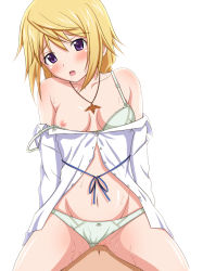 Rule 34 | 10s, 1girl, bare shoulders, blonde hair, blush, breasts, charlotte dunois, clothing aside, drooling, infinite stratos, jewelry, lingerie, navel, nipples, open mouth, panties, panties aside, pendant, purple eyes, ribbon, sex, shirt slip, small breasts, solo focus, strap slip, takamin apaman, underwear, vaginal