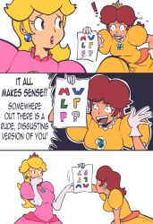Rule 34 | 2girls, blonde hair, blue eyes, brown hair, crown, dress, earrings, english text, gloves, highres, jewelry, mario (series), multiple girls, nintendo, open mouth, pink dress, plow (witch parfait), princess daisy, princess peach, puffy short sleeves, puffy sleeves, short sleeves, sphere earrings, super mario bros. 1, super mario land, yellow dress