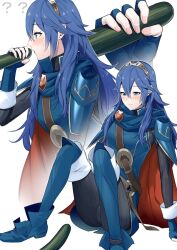 Rule 34 | 1girl, ?, ??, ameno (a meno0), blue eyes, blue hair, blush, boots, breasts, cape, confused, cucumber, fingerless gloves, fire emblem, fire emblem awakening, food, gloves, hair between eyes, holding, holding food, holding vegetable, long hair, lucina (fire emblem), multiple views, nintendo, pantyhose, sexually suggestive, sitting, small breasts, sweatdrop, sweater, symbol-shaped pupils, tiara, vegetable, white background