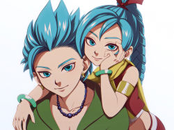 Rule 34 | 1boy, 1girl, armband, blue eyes, blue hair, bracelet, braid, braided ponytail, brother and sister, camus (dq11), closed mouth, dragon quest, dragon quest xi, earrings, hanemakura, high braid, jewelry, long hair, looking at viewer, maya (dq11), necklace, red vest, siblings, simple background, single braid, smile, vest, white background