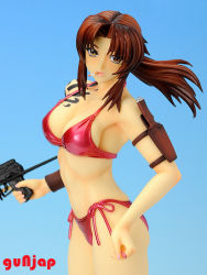Rule 34 | 1girl, bikini, black lagoon, blue background, breasts, brown hair, cigarette, cleavage, figure, gun, legs, long hair, looking at viewer, no humans, photo (medium), ponytail, revy (black lagoon), simple background, solo, standing, swimsuit, tattoo, thighs, weapon