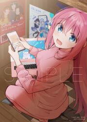 Rule 34 | 1girl, black socks, blue eyes, bocchi the rock!, breasts, cellphone, computer, gotoh hitori, hamazi aki, highres, laptop, long hair, looking at viewer, looking back, medium breasts, non-web source, open mouth, phone, pink hair, seiza, sitting, smartphone, socks, track suit