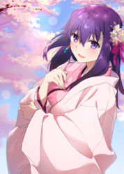 Rule 34 | 1girl, :d, blush, cherry blossoms, commentary request, earrings, fate/grand order, fate (series), flower, hair flower, hair ornament, japanese clothes, jewelry, kasuga no tsubone (fate), kimono, long hair, looking at viewer, matou sakura, open mouth, parvati (fate), pink kimono, purple eyes, purple hair, smile, solo, tsuezu