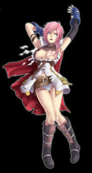 Rule 34 | 10s, 1girl, arms up, boots, breasts, final fantasy, final fantasy xiii, gloves, highres, lightning farron, miniskirt, nipples, panties, pink hair, skirt, solo, thigh gap, thighs, torn clothes, underwear