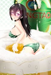 Rule 34 | 1girl, ahoge, alcohol, animal ears, ass, bad id, bad pixiv id, beer, beifeng han, bikini, black hair, breasts, from behind, large breasts, licking lips, long hair, looking at viewer, md5 mismatch, miyaura sanshio, original, partially submerged, purple eyes, solo, striped bikini, striped clothes, swimsuit, tongue, tongue out, tsingtao (brand), wavy hair