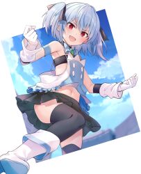 Rule 34 | 1girl, :d, bandeau, black bandeau, black ribbon, black skirt, blue bow, blue hair, boots, bow, clenched hands, cloud, e (eokiba), floating hair, frostia, gem, gloves, green gemstone, hair ribbon, highres, looking at viewer, magical valkyrie lyristia, navel, open mouth, pleated skirt, red eyes, ribbon, skirt, sky, smile, solo, thighhighs, two side up, v-shaped eyebrows, white footwear, white gloves