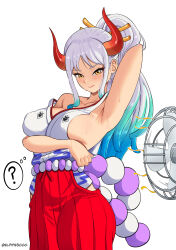 Rule 34 | 1girl, :p, ?, absurdres, arm behind head, arm under breasts, arm up, armpits, blush, breasts, demon horns, electric fan, elpipe 3000, hakama, hakama skirt, high ponytail, highres, horns, hot, japanese clothes, large breasts, looking at viewer, multicolored hair, one piece, red hakama, red horns, sideboob, simple background, single bare shoulder, skirt, solo, strap slip, streaked hair, sweat, thought bubble, tongue, tongue out, white background, white hair, yamato (one piece), yellow eyes
