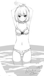 Rule 34 | 1girl, armpits, arms up, artist name, blush, bra, braid, closed mouth, collarbone, crown braid, dated, frilled bra, frilled panties, frills, greyscale, highres, looking at viewer, monochrome, navel, original, panties, short hair, signature, sketch, smile, solo, standing, tabata hisayuki, thighs, underwear, wading